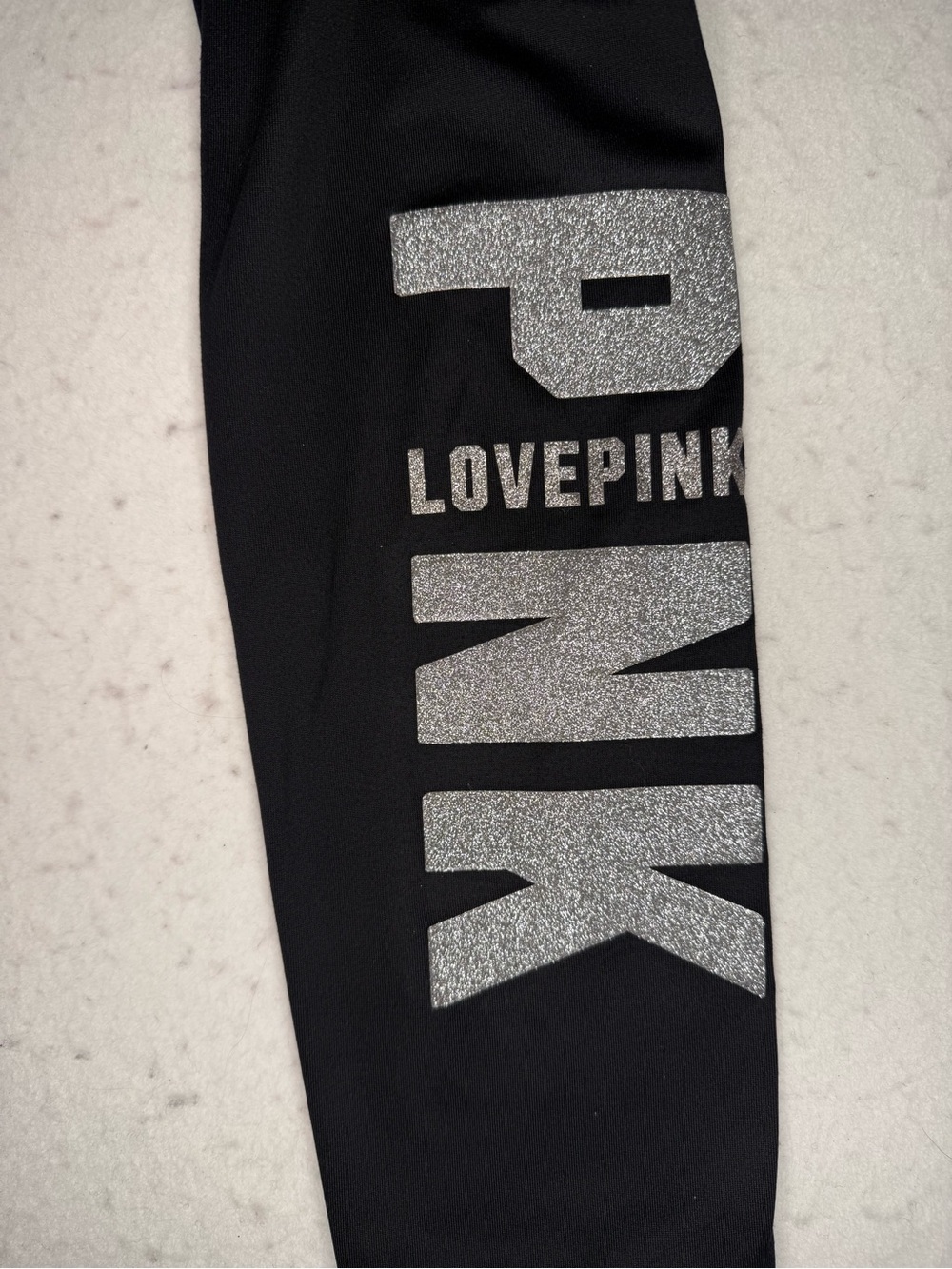 Victoria’s Secret LOVE PINK Yoga 7/8 Black Leggings Sparkly Silver Letters Large - Picture 5 of 12